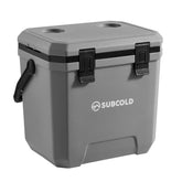 Gray subcold master24 cool box with rugged plastic exterior black latches and handle for secure storage