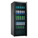 Black subcold maxi250led tall drinks fridge with glass door and illuminated interior packed with beer cans