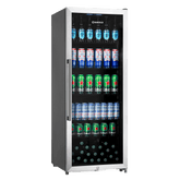 Silver framed subcold maxi250led tall drinks fridge with glass door and shelves stocked with beer cans