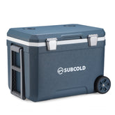 Dark blue subcold mobi45 cool box with silver latches, side handle, and single wheel for easy transport
