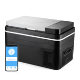 Black and silver subcold roam30 portable car fridge with sleek design and digital control panel on the lid