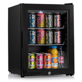 Black subcold super35 led beer fridge with glass door filled with colorful beverage cans and bottles