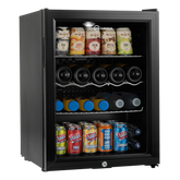 Black subcold super65 drinks fridge with glass door and shelves stocked with various beverages for easy access