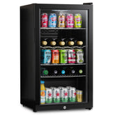 Black glass-door subcold super85 led beer fridge with multiple shelves holding assorted canned and bottled drinks