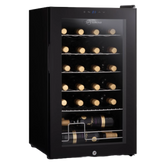Black glass-door subcold viva24 led wine cooler with sleek design and multiple shelves holding wine bottles
