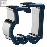 Blue train stainless steel cookie cutter shaped like a stylized letter c with blue and silver metal finish