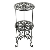 Black wrought iron two-tier plant stand with ornate scrollwork sungmor heavy duty cast iron rustic style planter rack