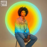 Denim jacket with a sunset glow fade from light blue to indigo perfect for a sunset glow lamp vibe