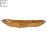 A smooth light brown wooden large boat dish with gentle curves and subtle carved patterns inside