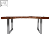 Surak longan wood coffee table with sleek brown live-edge longan wood top and polished stainless steel u-shaped legs