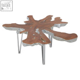 Rustic surak star coffee table with live-edge copper-toned wood grain top and sleek stainless steel legs