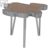 Surak teak wood medium side table with natural wood top and irregular edge on sleek stainless steel legs