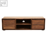 Surati one door sheesham and acacia wood media unit with dark walnut finish featuring drawers and open shelf wood media unit