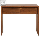 A sleek minimalist warm brown sheesham console table with two drawers made of sheesham and acacia wood