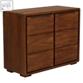 Dark brown sheesham wood sideboard with six drawers and sleek black handles perfect for stylish storage