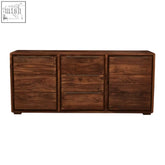 Dark brown acacia sideboard with two cabinet doors and five drawers featuring sleek modern design and adjustable shelving
