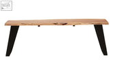 A sleek light brown acacia wood live edge bench with black metal legs perfect for stylish seating