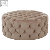 Beige tufted velvet suri round stool with cushioned round design perfect as a cozy round stool seat