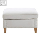 Cream-colored sutton grey fabric footstool with wooden legs and decorative nailhead trim fabric footstool