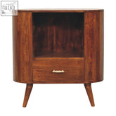 Mid-century modern wooden nightstand with curved top single drawer brass handle and tapered legs cortez chestnut open slot