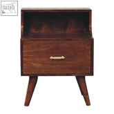 Dark wood t-bar raised back bedside table with single drawer brass handle and tapered legs made from solid mango wood