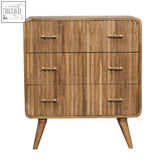 A rustic t-bar ridged chest of drawers with vertical slats and brass handles made from solid mango wood oak