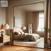 Takara 200x120cm full length wall mirror with thin gold metal frame reflecting beige bedroom walls and furniture