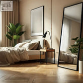 Black-framed takara 180x60cm full-length leaner mirror with steel frame standing on wooden floor