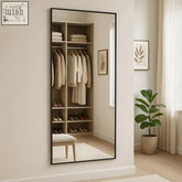 Black framed takara 180x90cm full length leaner mirror with steel frame reflecting minimalist walk-in closet