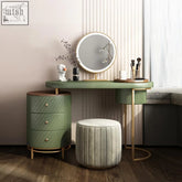 Modern mint green tandy dressing table with gold metal legs round mirror and three drawers on left side