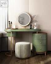 Modern sage green tandy dressing table with gold-tone legs and round led mirror paired with matching storage unit