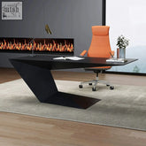 Black modern office desk with sleek angular design and glossy finish made from multiply solid wood for home use
