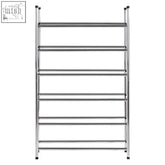 Silver metal shoe rack with horizontal bars and black feet tavia six tiers chrome shoe rack