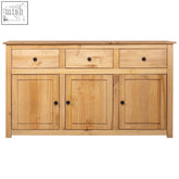 Light-colored solid pinewood sideboard tavira pinewood 135cm with three drawers and sturdy tabletop