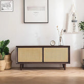 Dark wood tawny rattan tv stand with two cane paneled doors and tapered legs for stylish storage