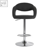 Black leatherette bar stool with chrome base and footrest in grey faux leather for stylish bar seating