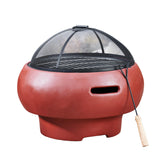 Red ceramic teamson home outdoor wood burning fire pit with black mesh screen and wooden handled poker tool