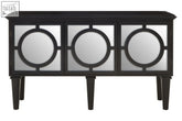 Black finish sideboard telese with black mirrored surface and three circular glass panels framed in dark wood