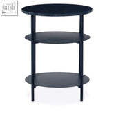 Black round side table with three circular shelves and slender black iron frame perfect for living room use