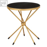 Templar black marble top side table with gold metal frame and tapered legs with black caps and black marble top