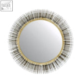 Templer brass finish wall mirror with a sunburst design featuring gold and silver metallic rods and an ornate border
