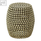 Templar gold finish stool with textured gold finish surface made of small spherical beads in a dense pattern