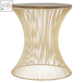 Templar hourglass side table with a sleek gold-toned slim iron rod base and smooth wooden top for modern living spaces