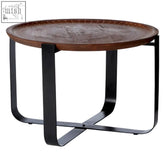 Templar mango wood round side table with dark engraved plate shape top and sleek black iron legs in modern style