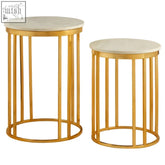 Templar marble and gold frame set of 2 side tables with round white marble tops and gold frame set design