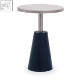 Temple round side table with a sleek silver metal top and a navy blue conical base modern and stylish design