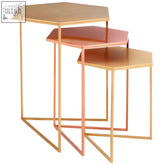Set of three hexagonal nesting bronze finish tables with gold and rose gold metal frames from templar set