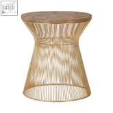Templar small coffee table with a golden wireframe base and a round natural wood top for small coffee spaces