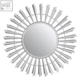 Silver sunburst effect wall mirror with circular reflective center and radiating metallic rays perfect for any wall mirror display