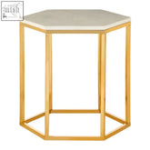 Gold hexagonal side table with templar white marble top perfect for modern living spaces
